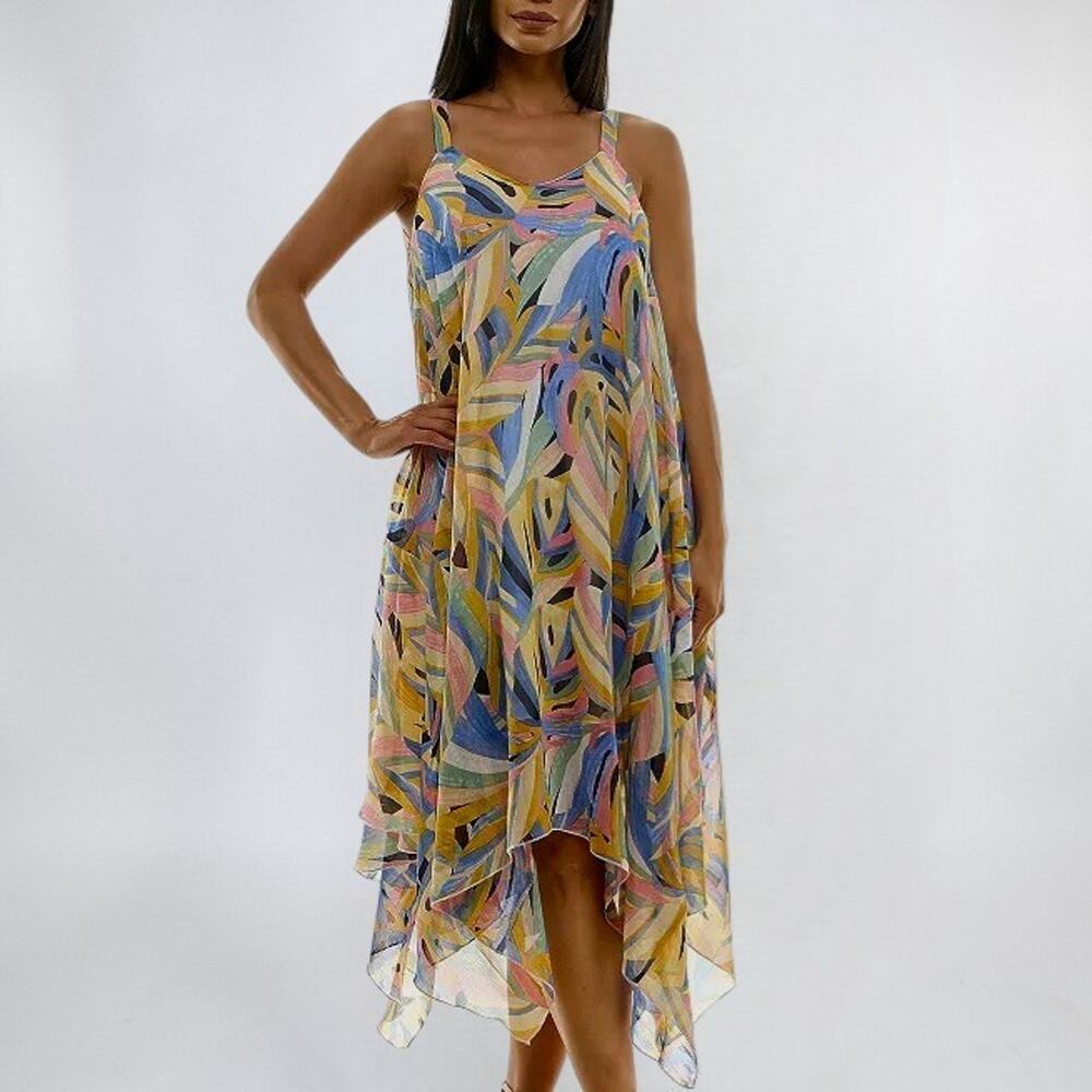 Nina Leonard Yellow Abstract Print Asymmetrical Hem Dress Midi Maxi Flowy Size M